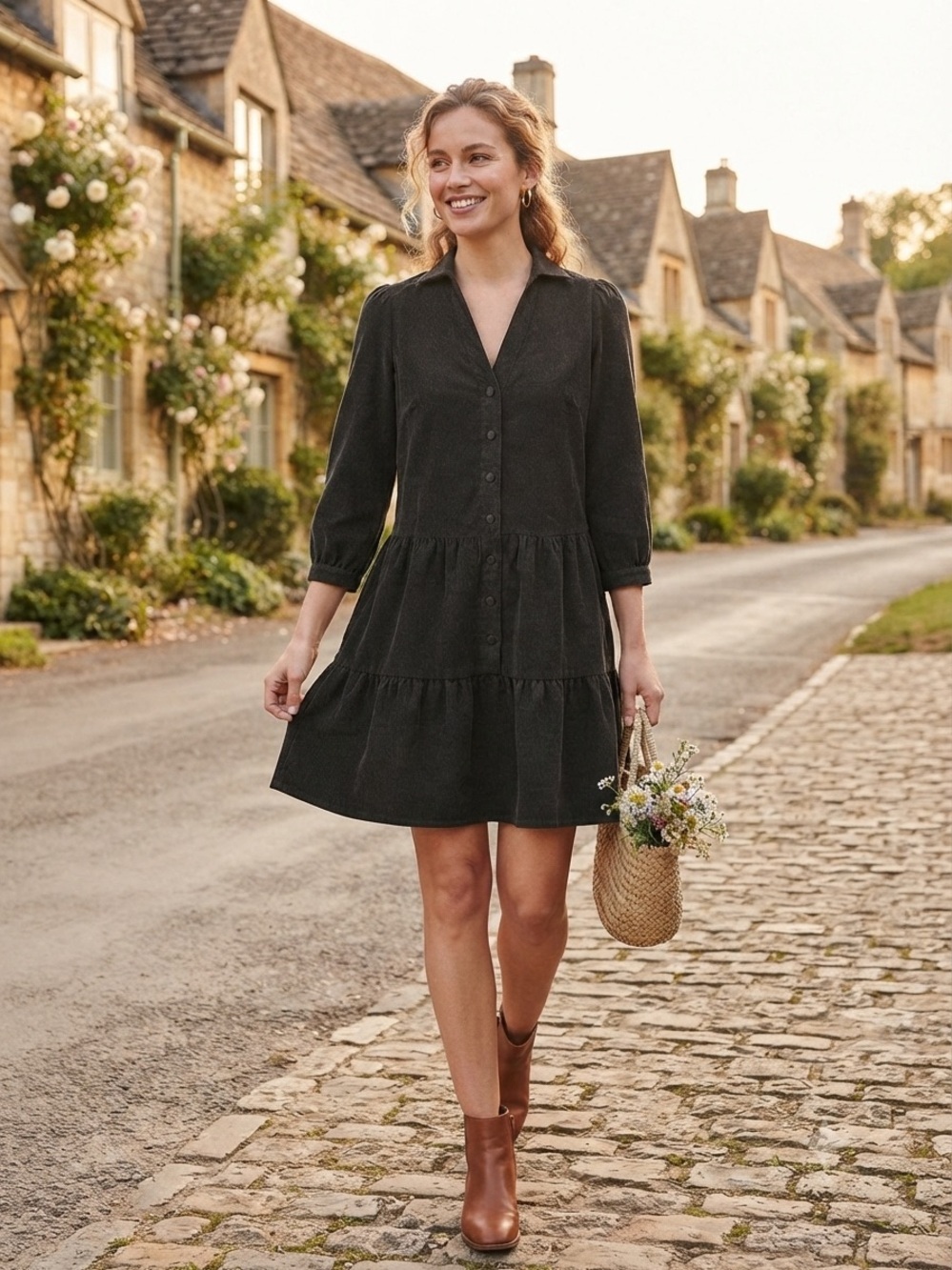 Pinch | NWT Black Corduroy Tiered Button-Front Mini Dress | Sz Small